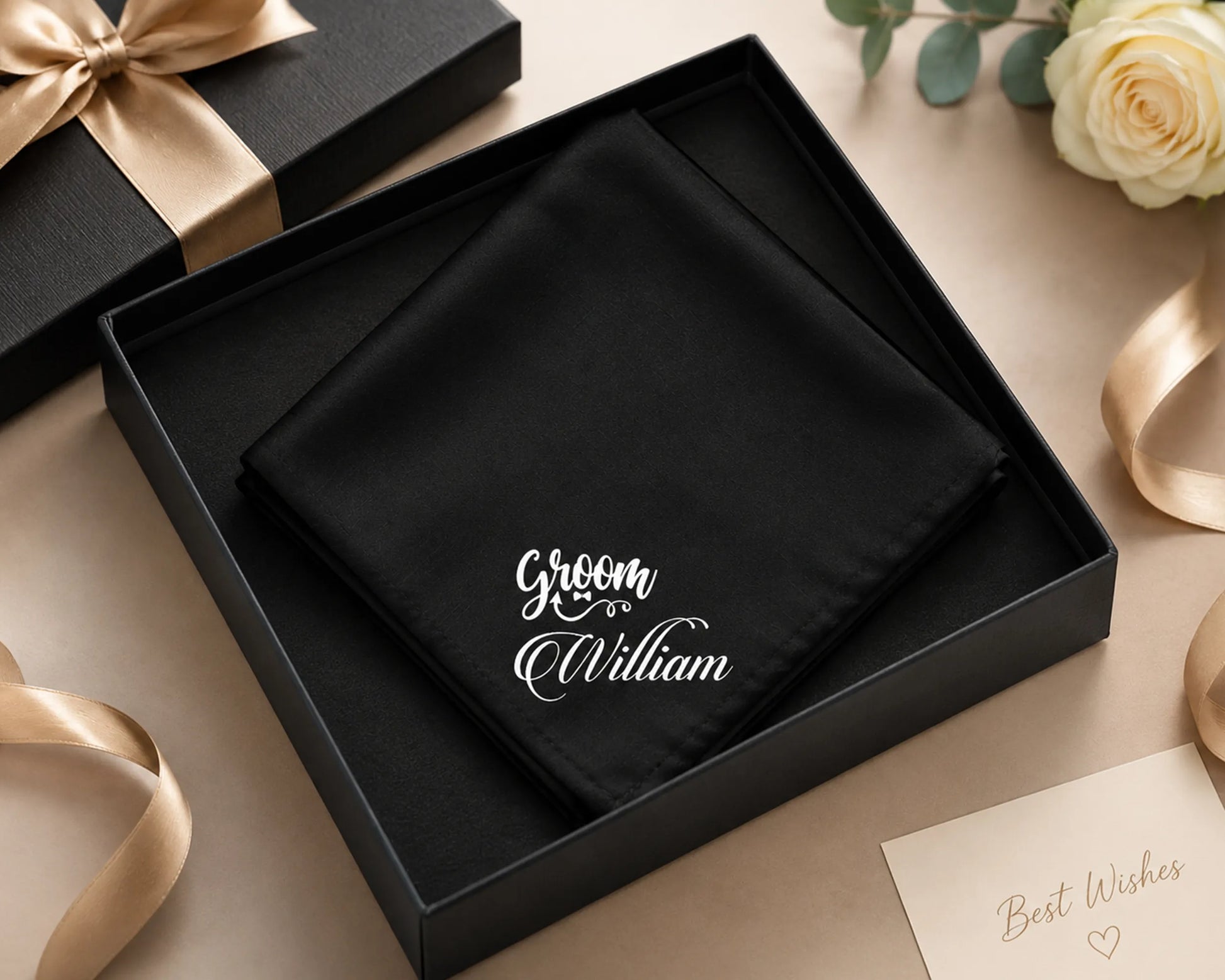 Black satin pocket square with 'Groom William' text in a gift box on a beige surface with ribbons and flowers.
