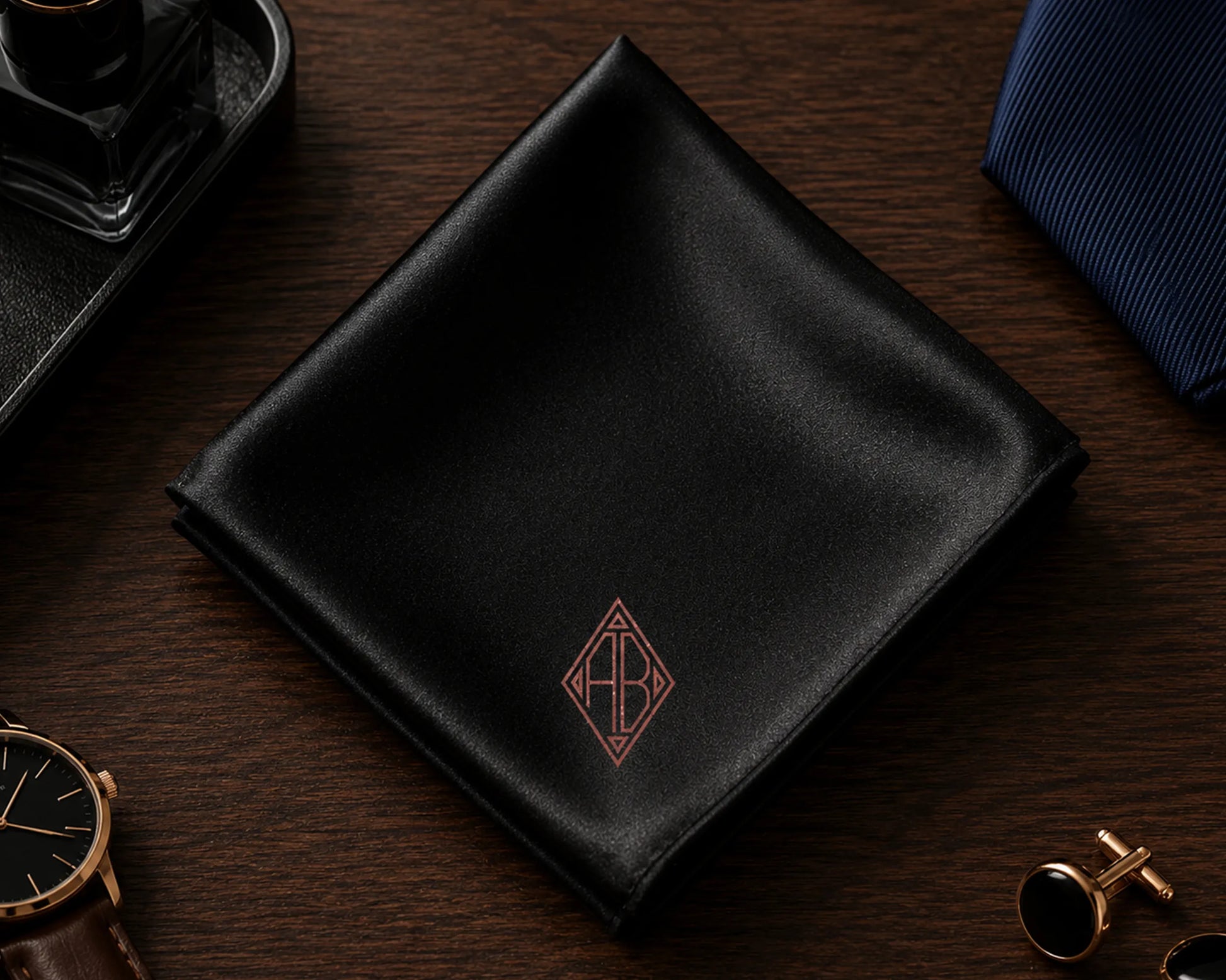 Black satin pocket square with a logo on a wooden surface, surrounded by accessories.