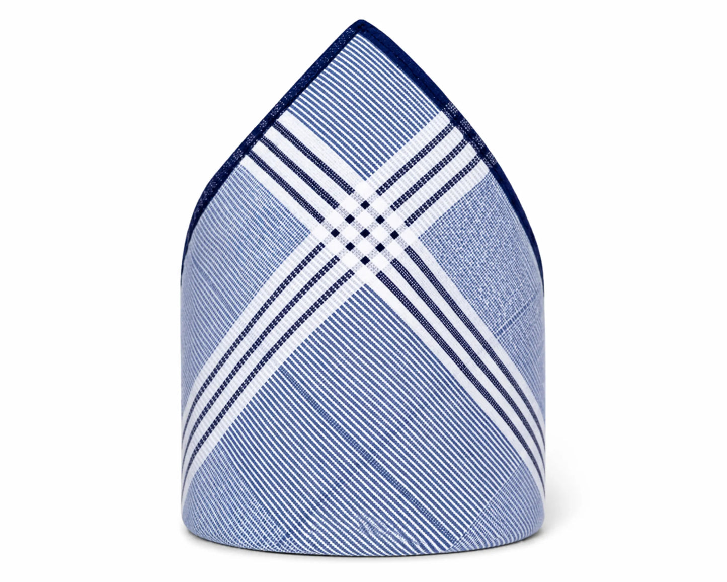 Blue and white checkered fabric folded into a triangle shape on a white background