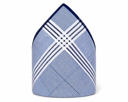 Blue and white checkered fabric folded into a triangle shape on a white background