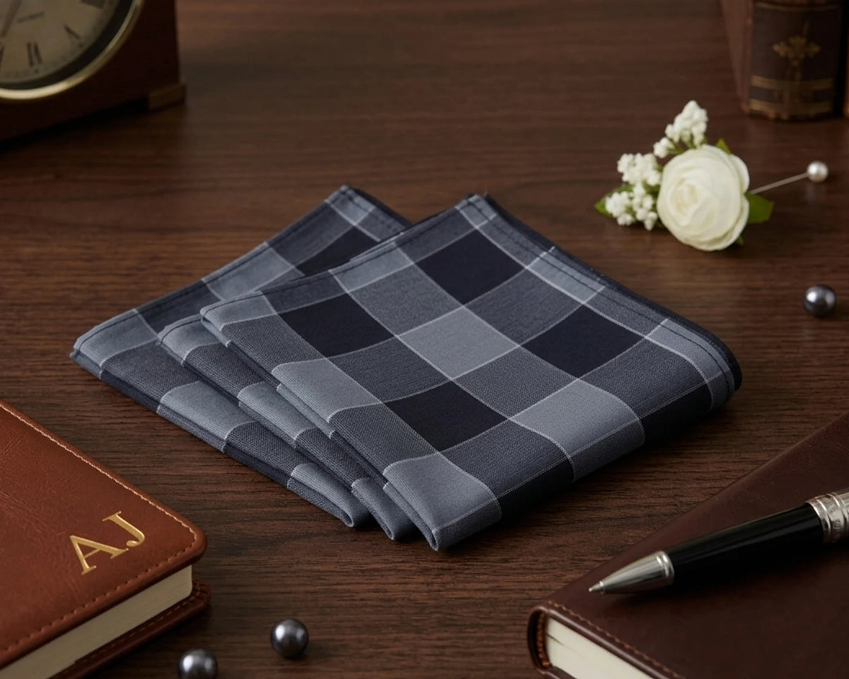 Checkered handkerchiefs on a wooden surface with books and a pen.