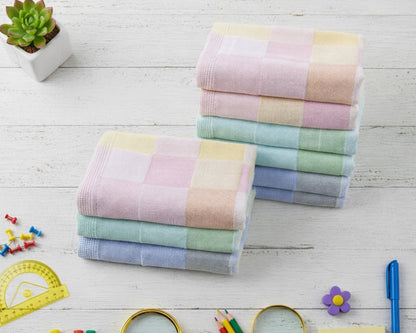 Soft checkered cotton childrens handkerchief featuring pink blue and yellow patterns