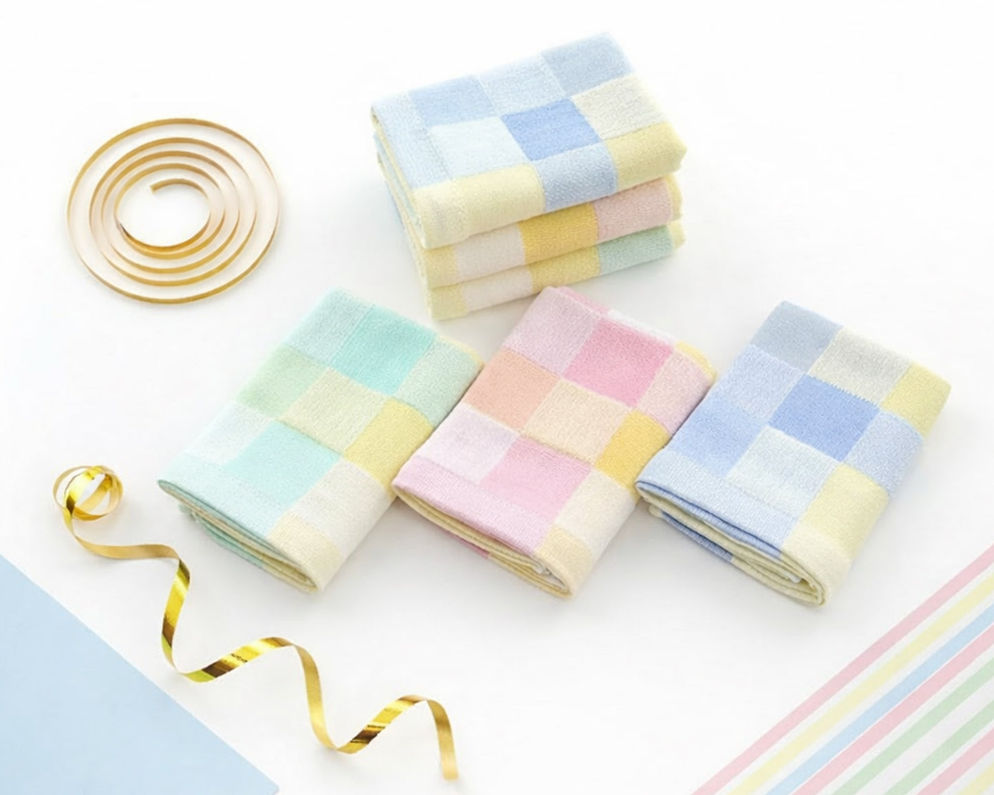 Childrens checkered cotton pocket cloth with pink yellow and blue squares