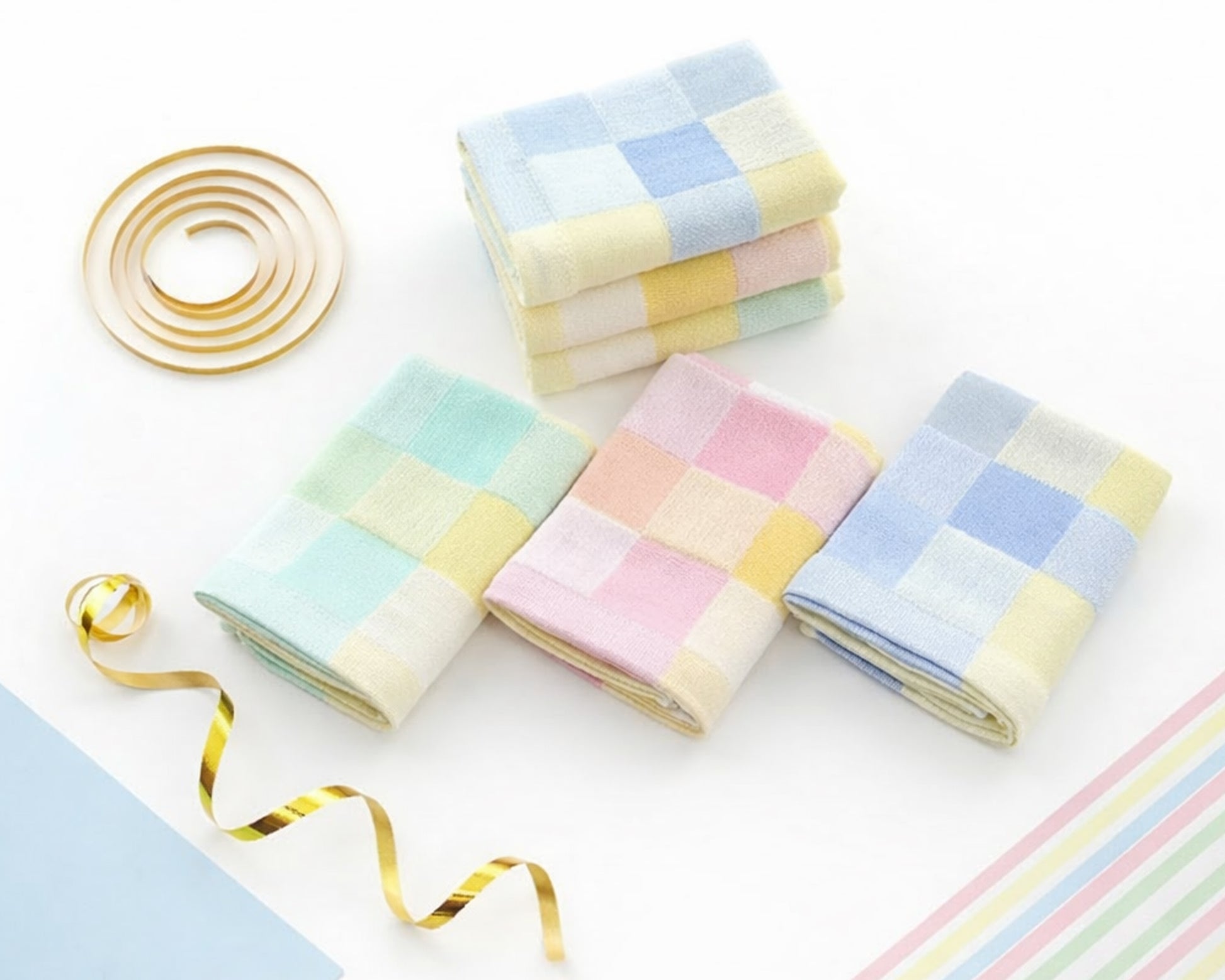 Childrens checkered cotton pocket cloth with pink yellow and blue squares