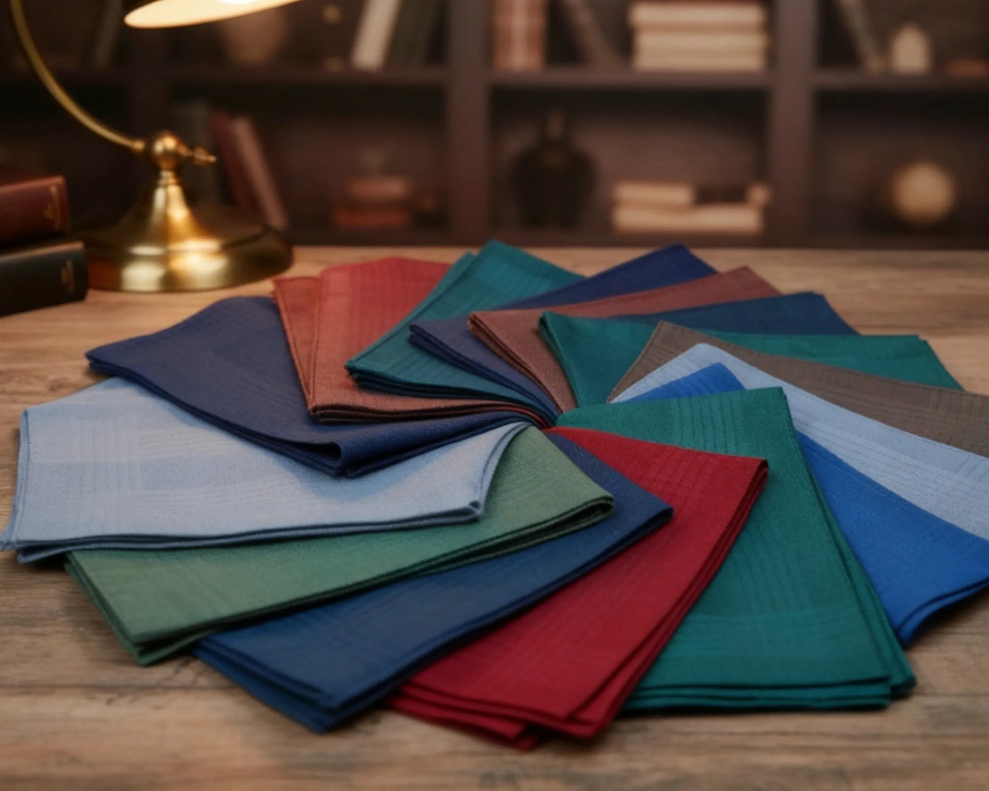 Collection of folded hanky in various colors on a wooden surface with a blurred background.