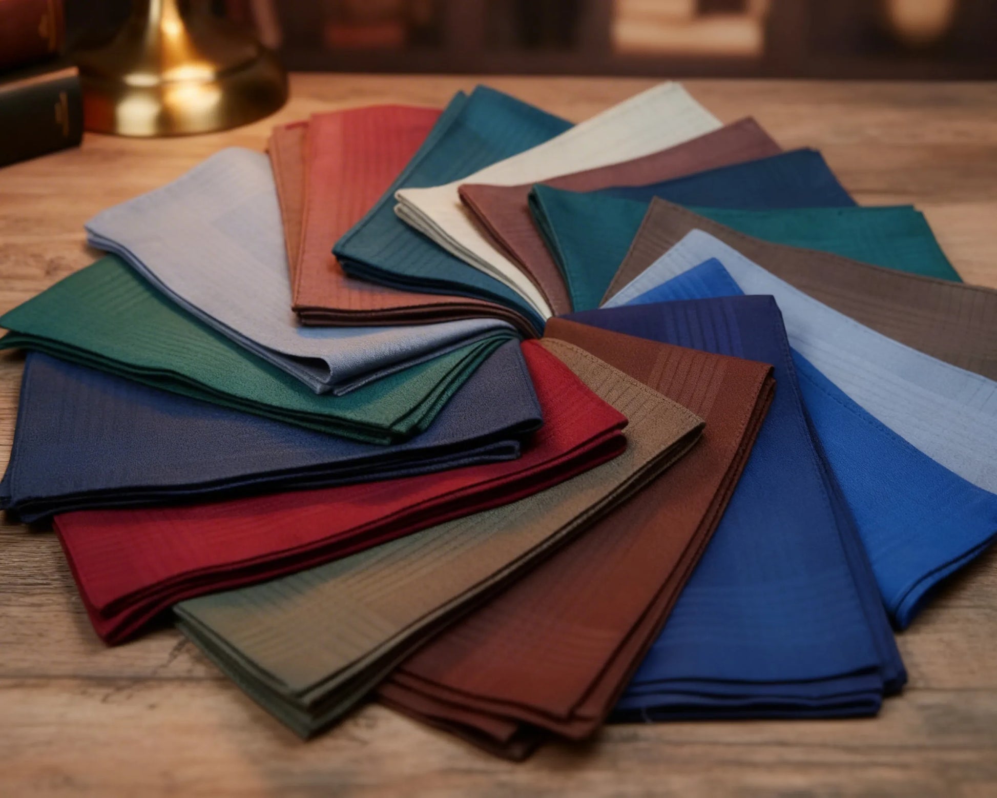 Collection of hanky in various colors on a wooden surface