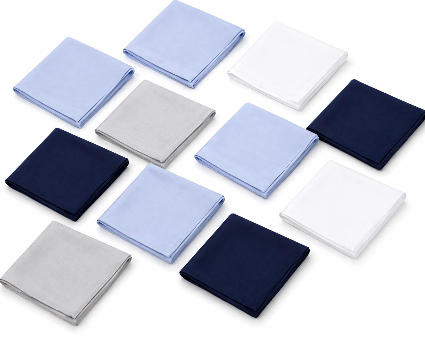 Collection of square handkerchiefs in various colors on a white background