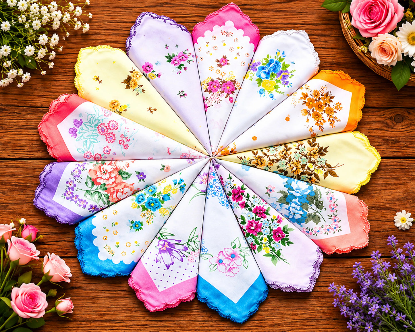 Colorful handkerchiefs with floral patterns arranged in a circular pattern on a wooden surface.