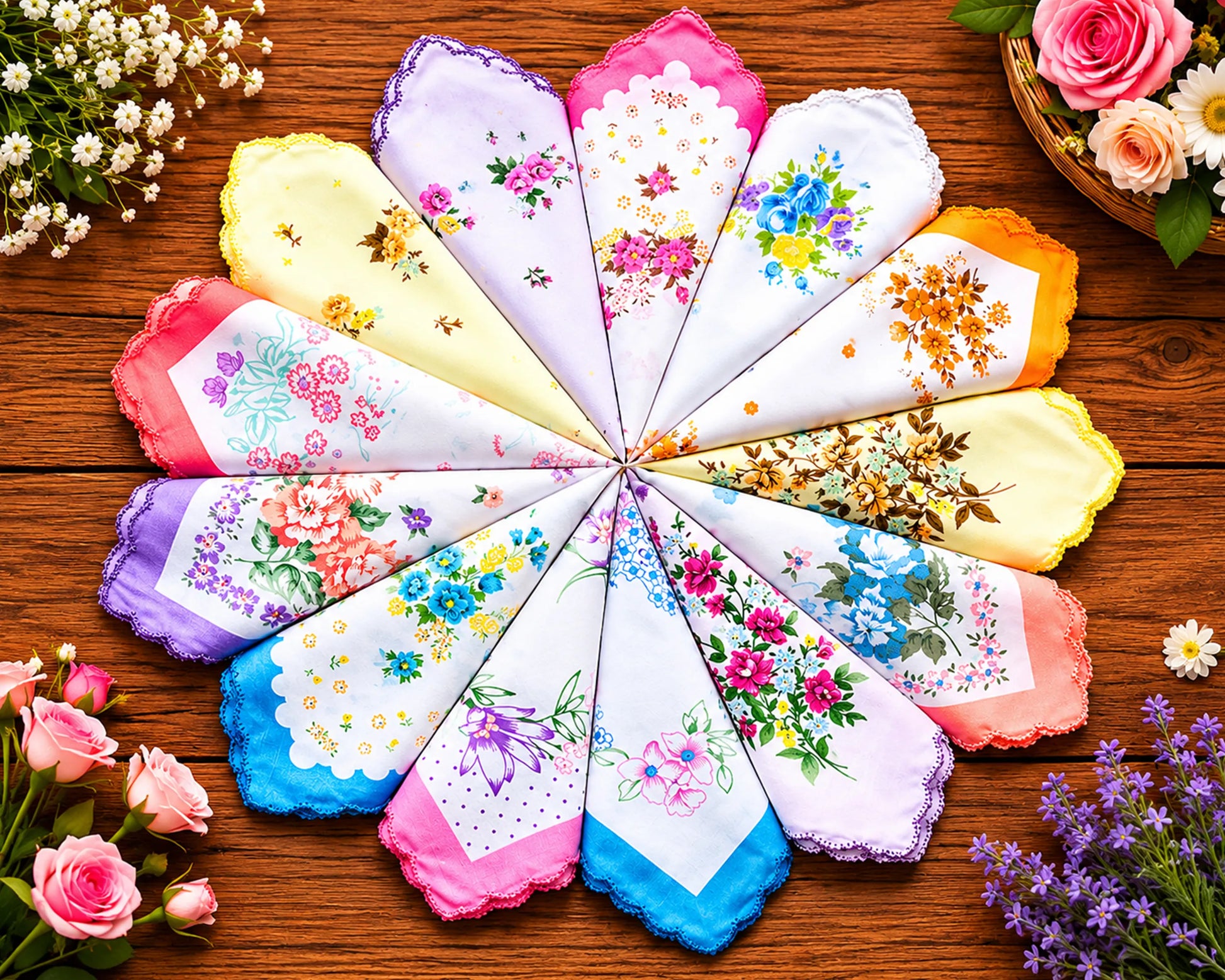Colorful handkerchiefs with floral patterns arranged in a circular pattern on a wooden surface.