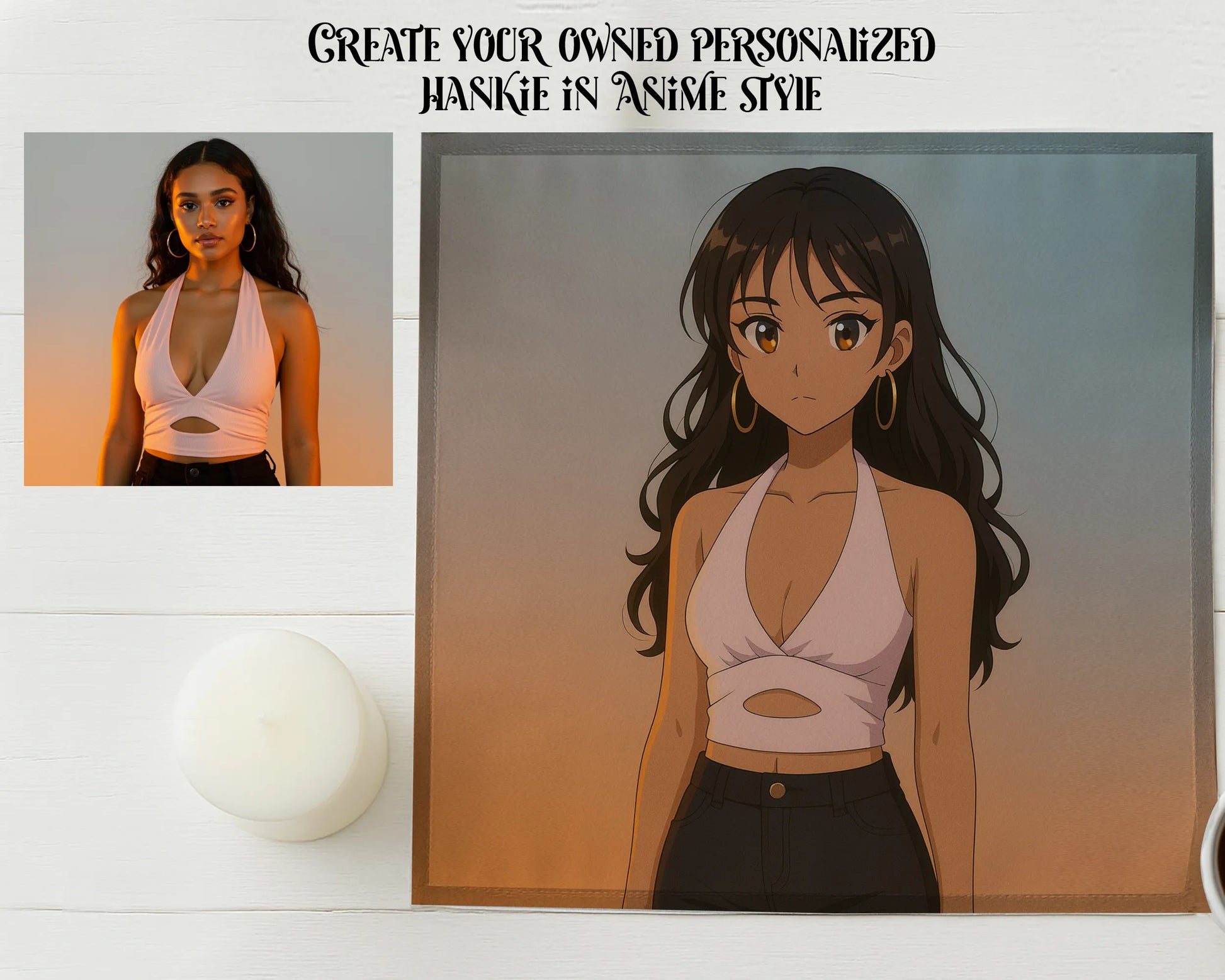 Comparison of a person and their anime style depiction on a white background