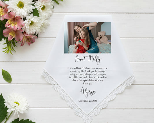 Custom photo handkerchief with lace trim and personalized message for Aunt Molly from Alyssa