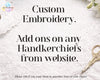 Promotional graphic for custom embroidery services, featuring black serif text on a white lace fabric background with gold-handled scissors and a small floral corner detail. The text reads: 'Custom Embroidery.