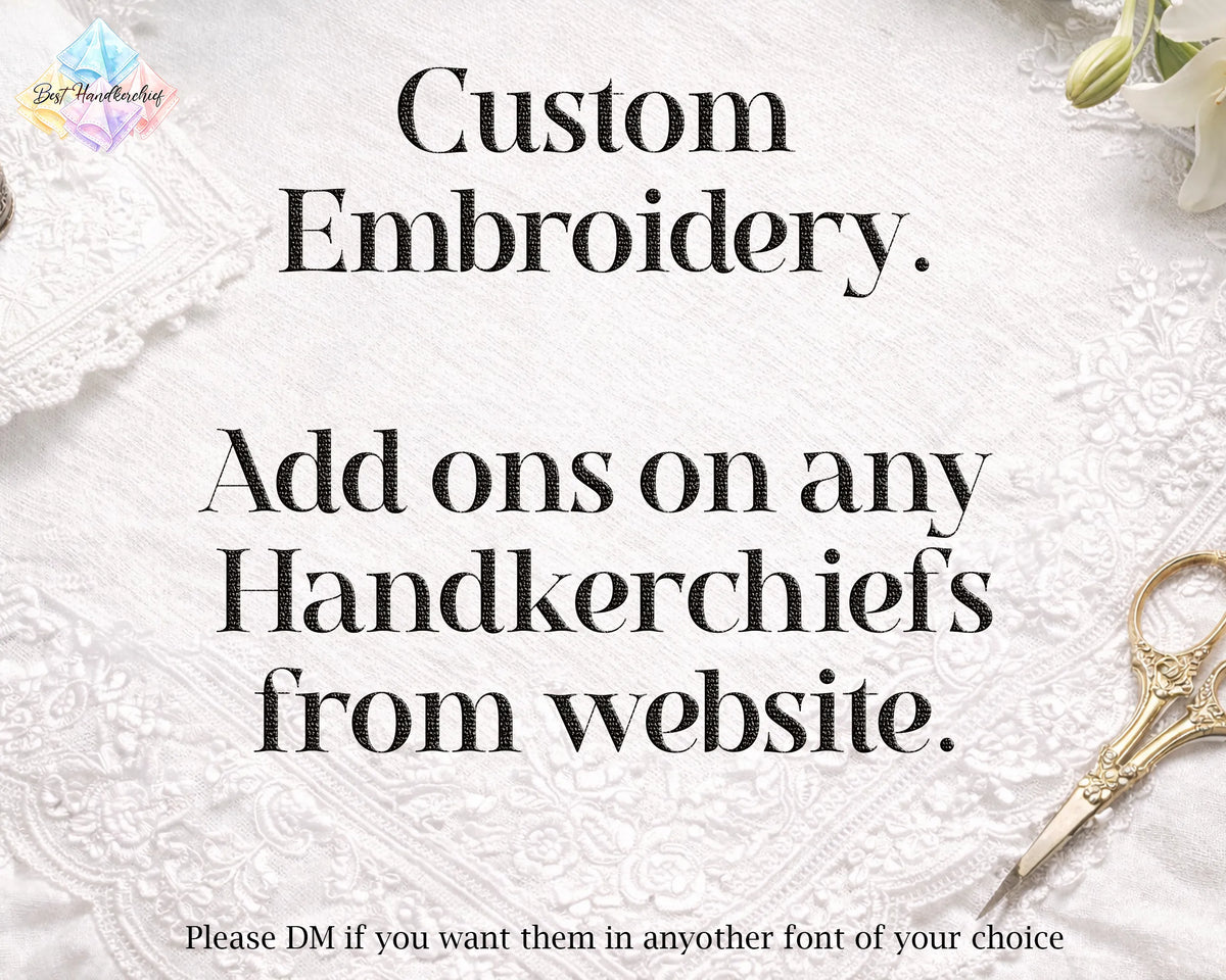Promotional graphic for custom embroidery services, featuring black serif text on a white lace fabric background with gold-handled scissors and a small floral corner detail. The text reads: 'Custom Embroidery.