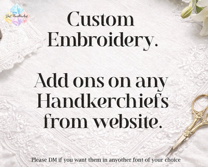 Promotional graphic for custom embroidery services, featuring black serif text on a white lace fabric background with gold-handled scissors and a small floral corner detail. The text reads: 'Custom Embroidery.