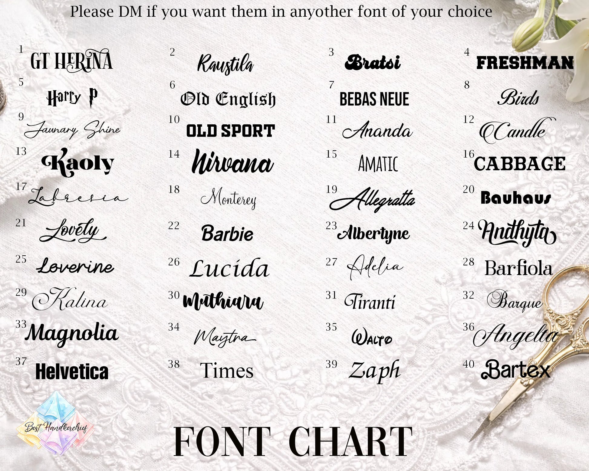 Font chart with various font styles made in USA 