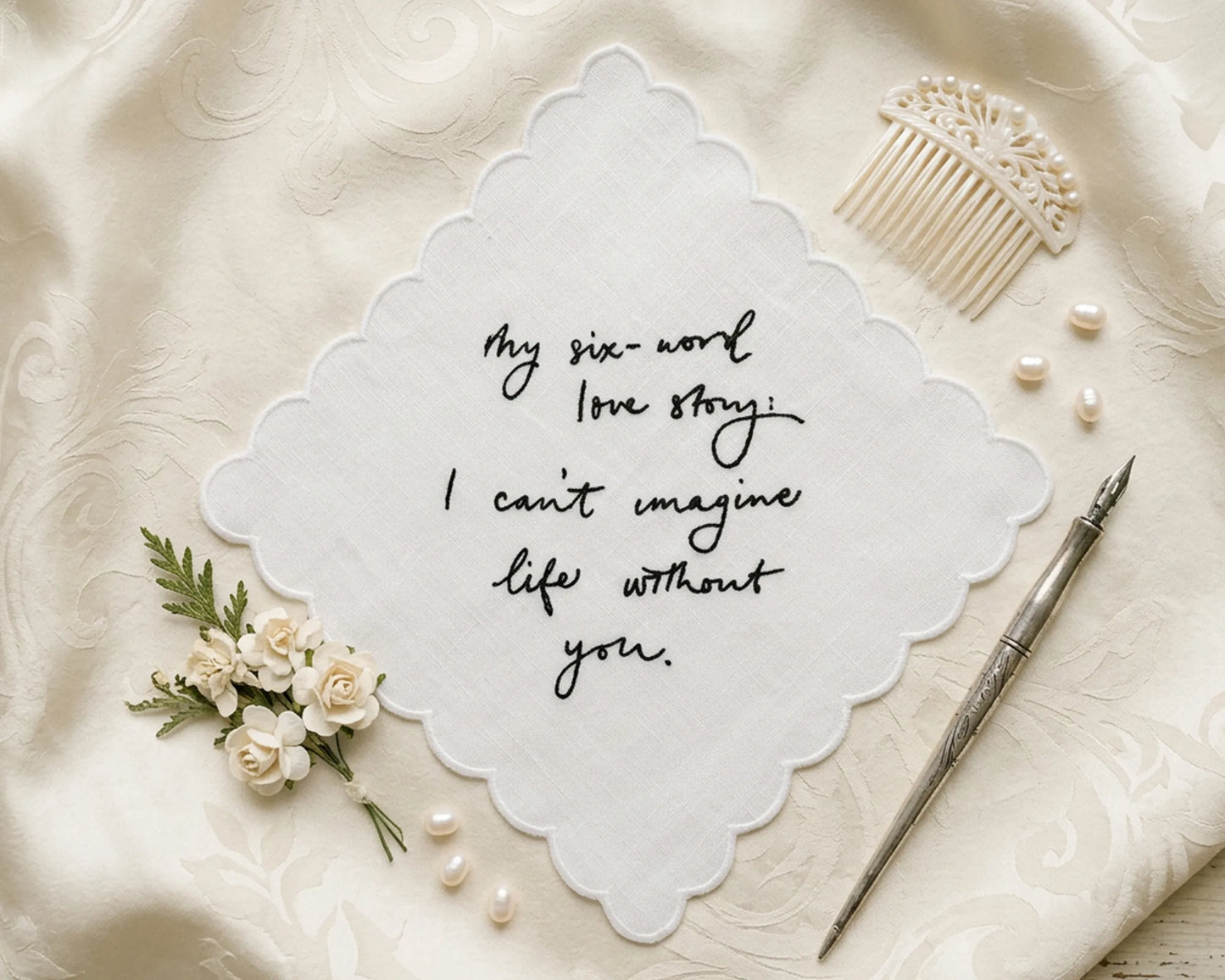 Decorative hanky with six-word love story on a textured surface with flowers and a comb.