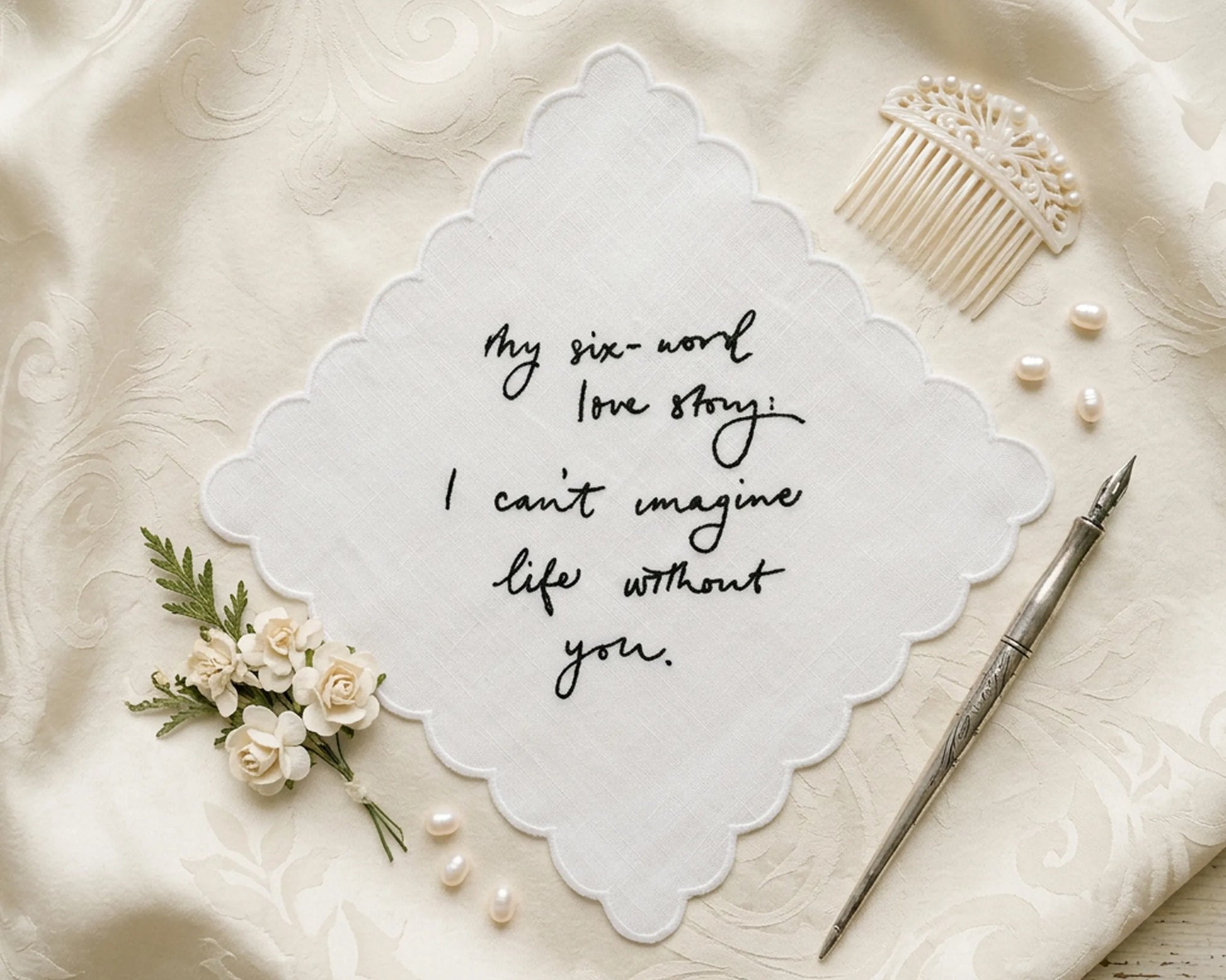 Decorative hanky with six-word love story on a textured surface with flowers and a comb.