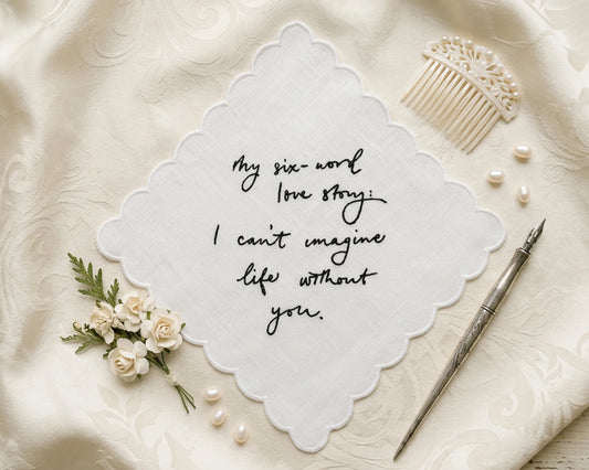 Decorative hanky with six-word love story on a textured surface with flowers and a comb.