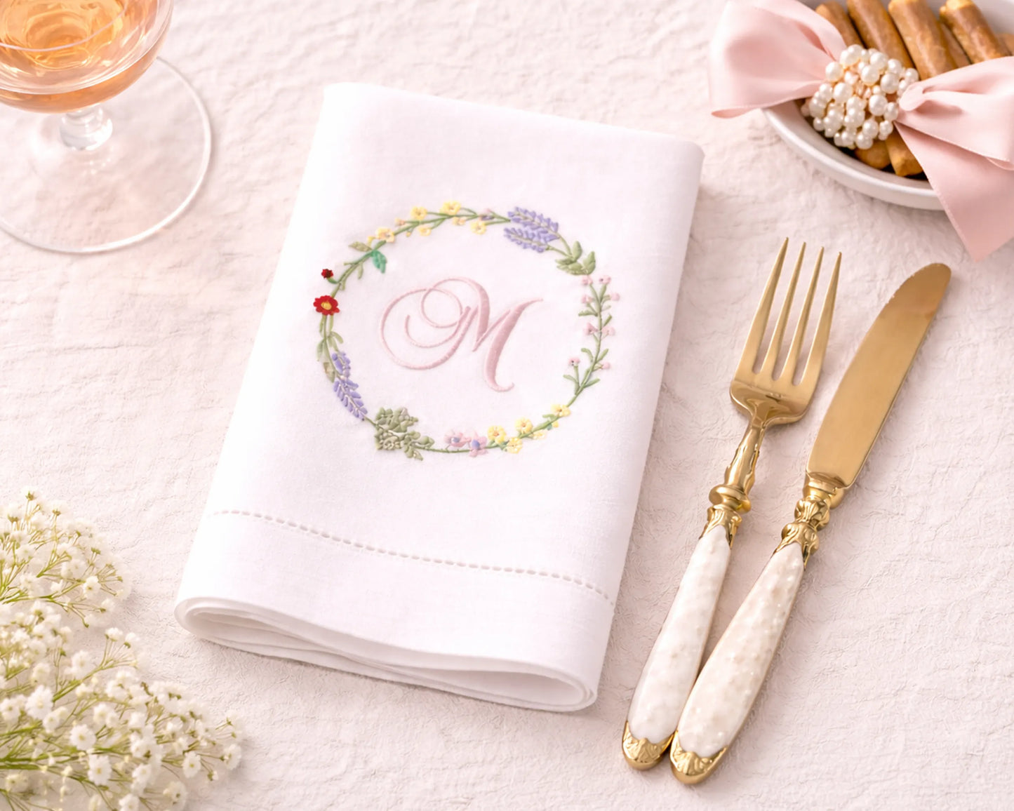 Decorative napkin with floral monogram, gold cutlery, and a glass of wine on a table.