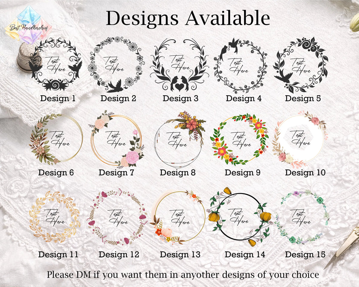 A promotional graphic showing 15 circular floral and ornamental frame designs labeled Design 1 through Design 15, with the text 'Designs Available' at the top and a note at the bottom saying to DM if they want them in any other designs of their choice. The frames include black, gold, pink, orange, green, and purple floral motifs on a textured white fabric background.