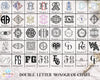 A double letter monogram chart displaying 36 different ornate monogram designs arranged in a grid, with decorative sample text blocks and the title 'DOUBLE LETTER MONOGRAM CHART' at the bottom.