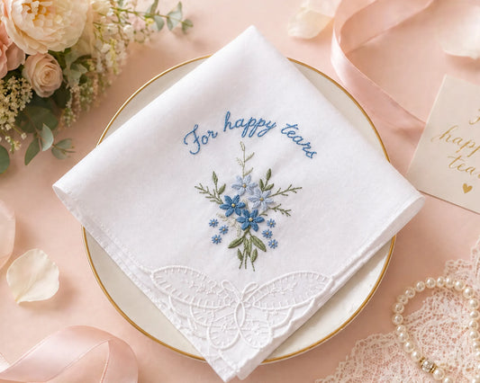 Embroidered handkerchief with floral design and 'For happy tears' text on a decorative plate.