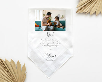Custom photo wedding handkerchief for dad from daughter with personalized message made in the usa