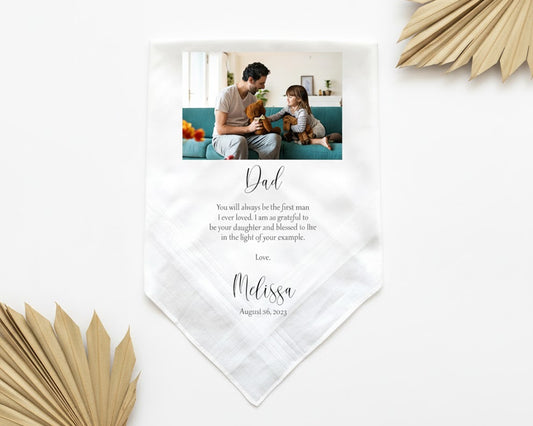 Custom photo wedding handkerchief for dad from daughter with personalized message made in the usa