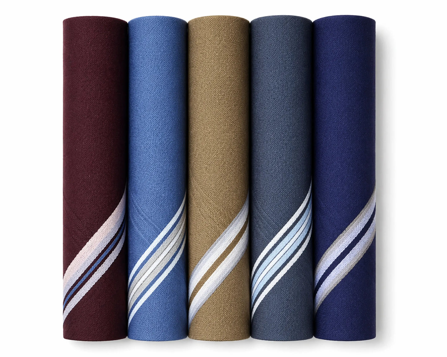 Five rolled-up hanky samples in different colors with striped patterns on a white background