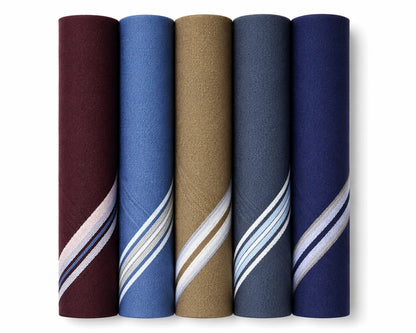 Five rolled-up hanky samples in different colors with striped patterns on a white background