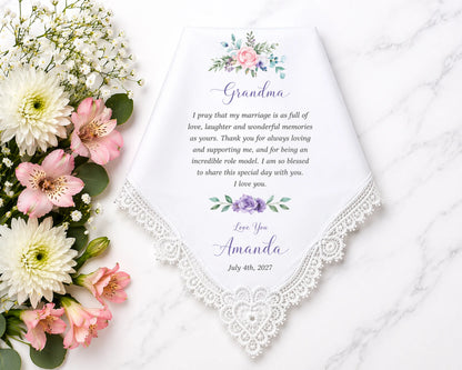 Floral arrangement with a card for a grandmother on a white background