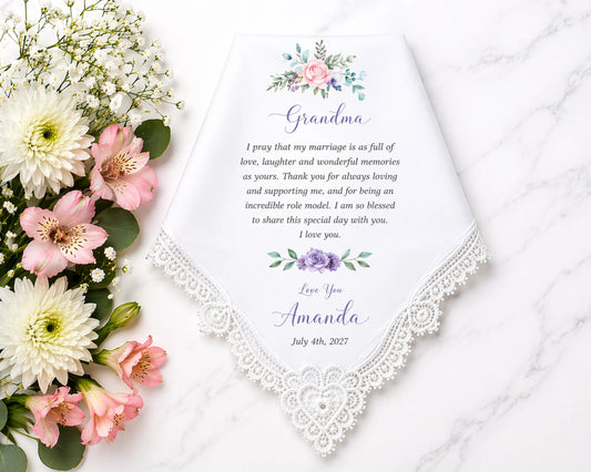 Floral arrangement with a card for a grandmother on a white background
