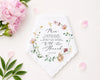 Floral hankie with personalized message on a white background with pink flowers.