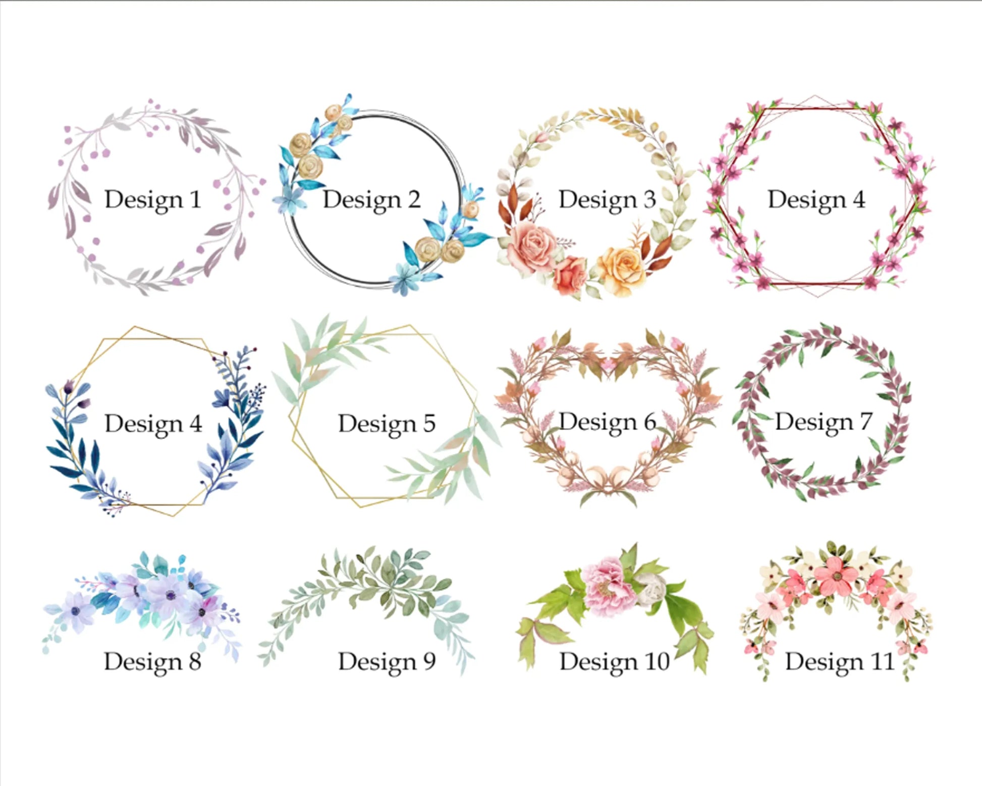 Set of 11 floral design templates on a white background