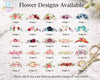 A promotional graphic showing 25 different floral design options labeled Design 1 through Design 25, with the headline 'Flower Designs Available.' The designs feature roses, peonies, and other blossoms in pink, red, blue, purple, yellow, and green tones.
