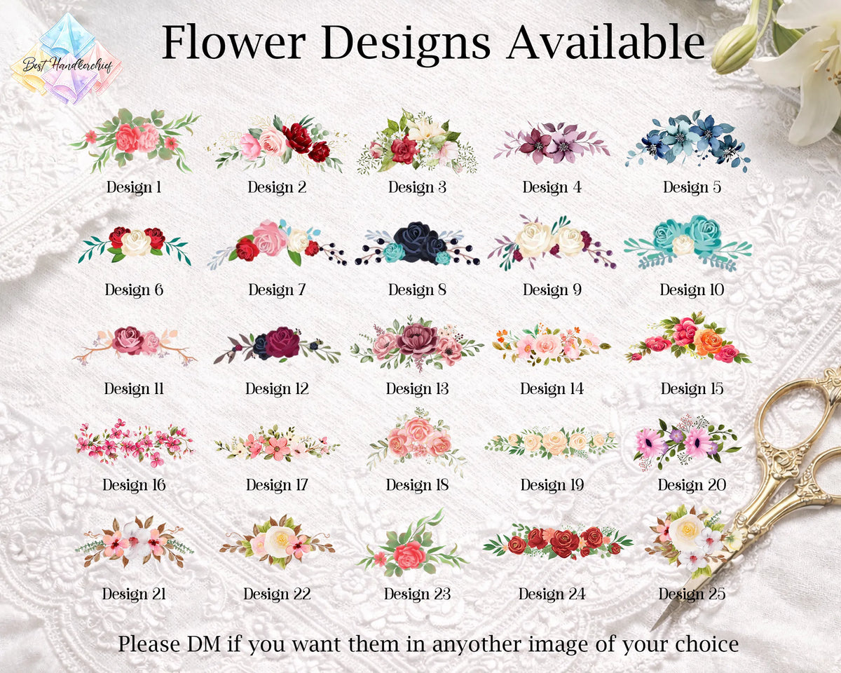 A promotional graphic showing 25 different floral design options labeled Design 1 through Design 25, with the headline 'Flower Designs Available.' The designs feature roses, peonies, and other blossoms in pink, red, blue, purple, yellow, and green tones.