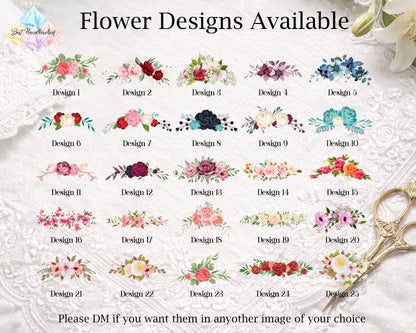 A promotional graphic showing 25 different floral design options labeled Design 1 through Design 25, with the headline 'Flower Designs Available.' The designs feature roses, peonies, and other blossoms in pink, red, blue, purple, yellow, and green tones.