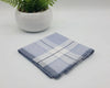 Folded blue and white checkered towel on a light gray surface with a potted plant in the background.