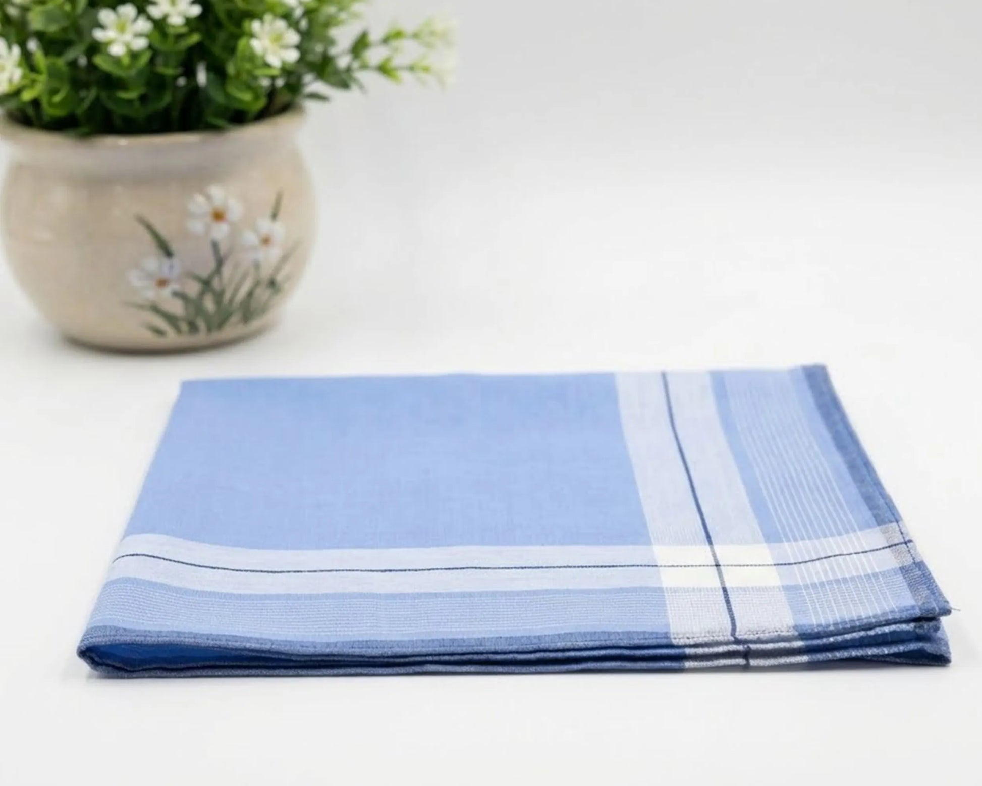 Folded blue and white checkered towel on a white surface with a potted plant in the background.