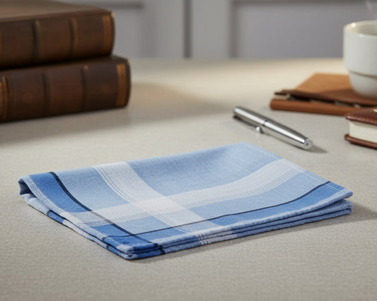 Folded blue plaid HANKY on a light surface with books and a pen in the background