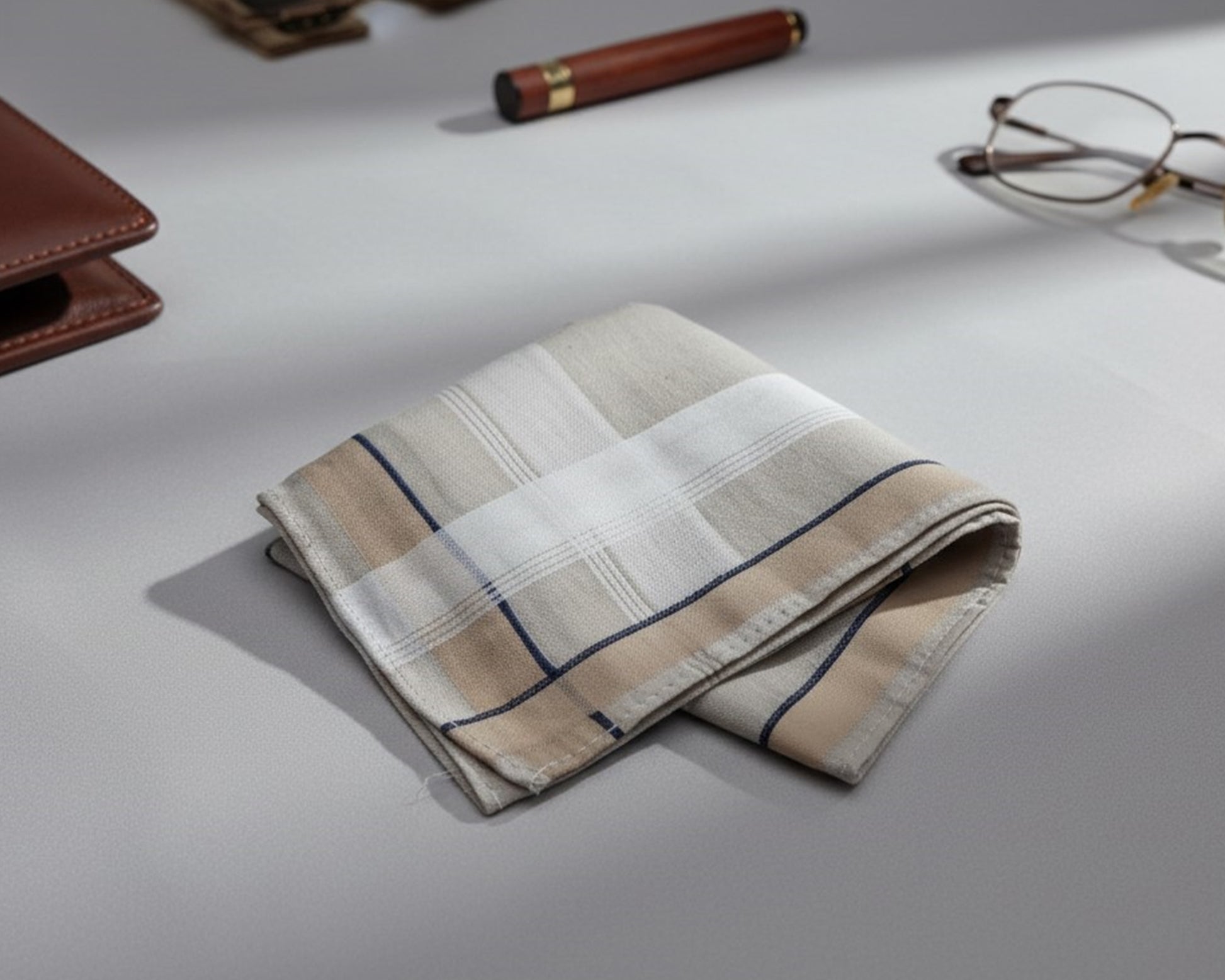 Folded checkered fabric on a light gray surface with a pen and glasses in the background.