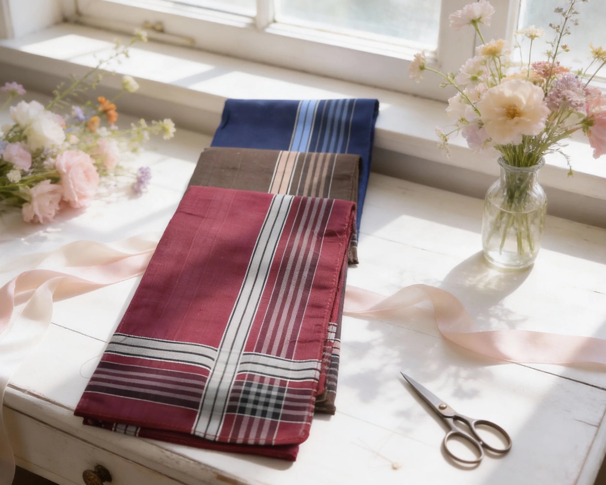 Folded fabric with plaid pattern on a table with flowers and scissors