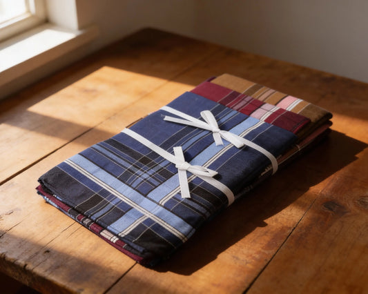 Folded plaid fabric tied with a white ribbon on a wooden surface