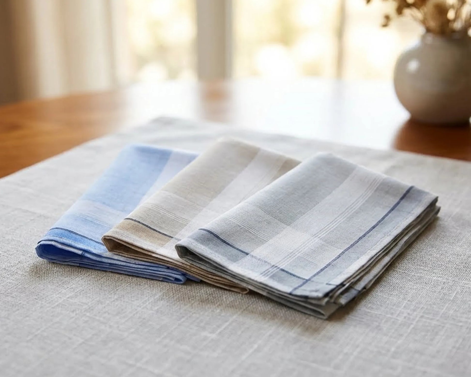 Folded striped hanky on a textured surface with a blurred background