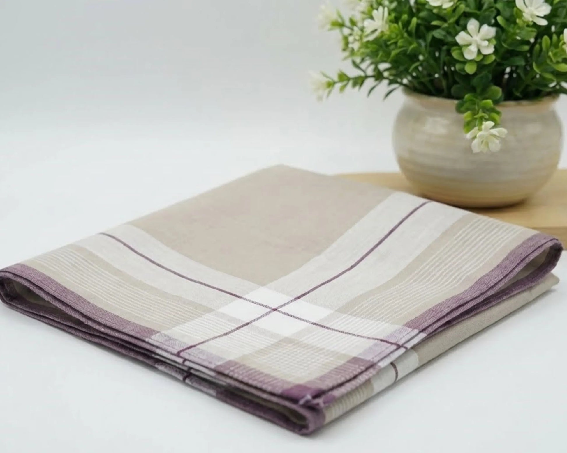 Folded striped hanky on a white surface with a potted plant in the background
