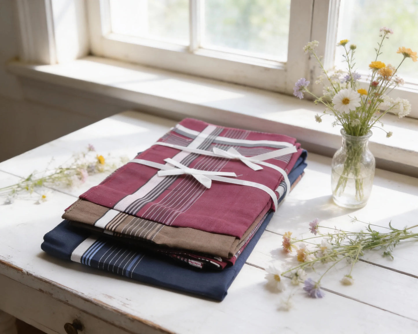 Folded fabric bundles on a wooden surface with flowers around