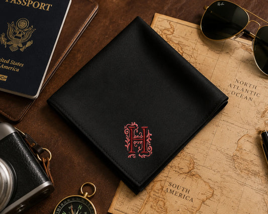 Folded white handkerchief with 'New Man' embroidery on a wooden surface.