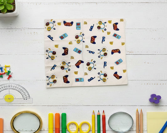 Single white cotton kids handkerchief with colorful video game controller and headset prints made in the usa