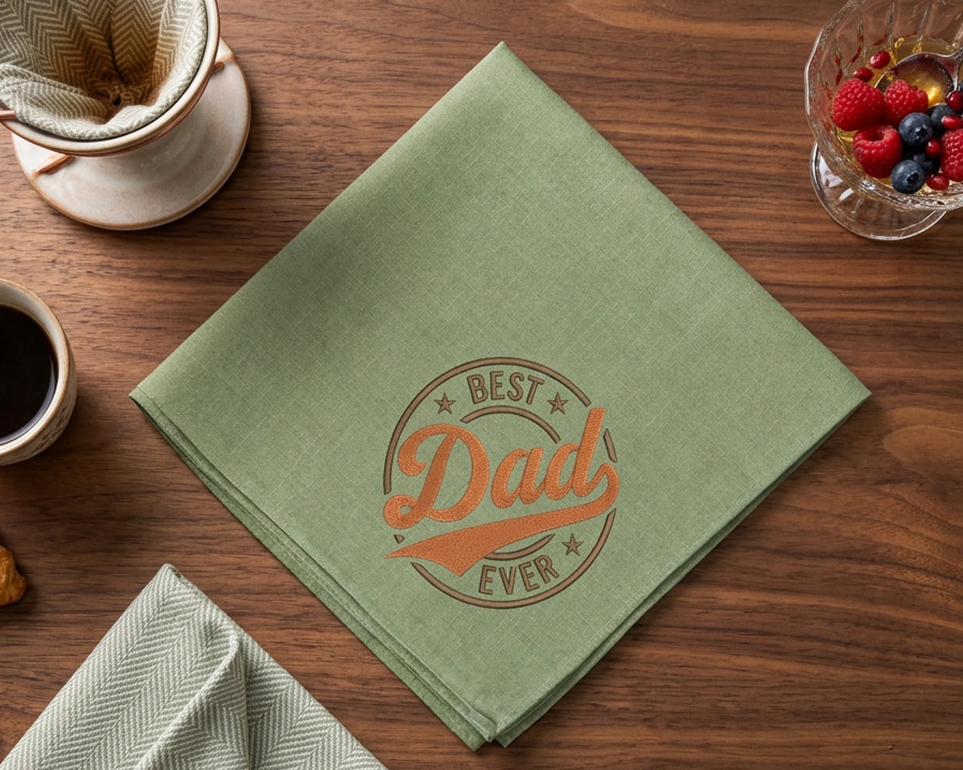 Green hanky with 'Best Dad Ever' embroidery on a wooden table with coffee and berries.