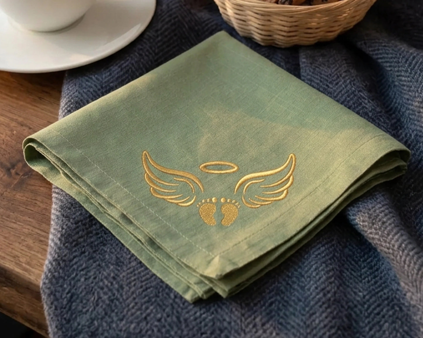 Green hanky with gold emblem on a textured surface
